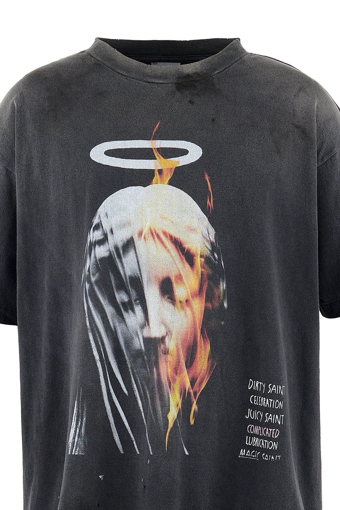 SAINT Mxxxxxx SS TEE/DEVIL DADDY/BLK Virgin Mary retro distressed printed tee, washed black S-XL, this season's hottest item, in order to give you an authentic experience, repeated debugging and polishing in printing and washing, finally meet you, the same old style, the same as the original version, cylindrical side seam OE yarn fabric/completely matched accessories, garment dyeing, heavy washing and water fading, bust bandage fading.